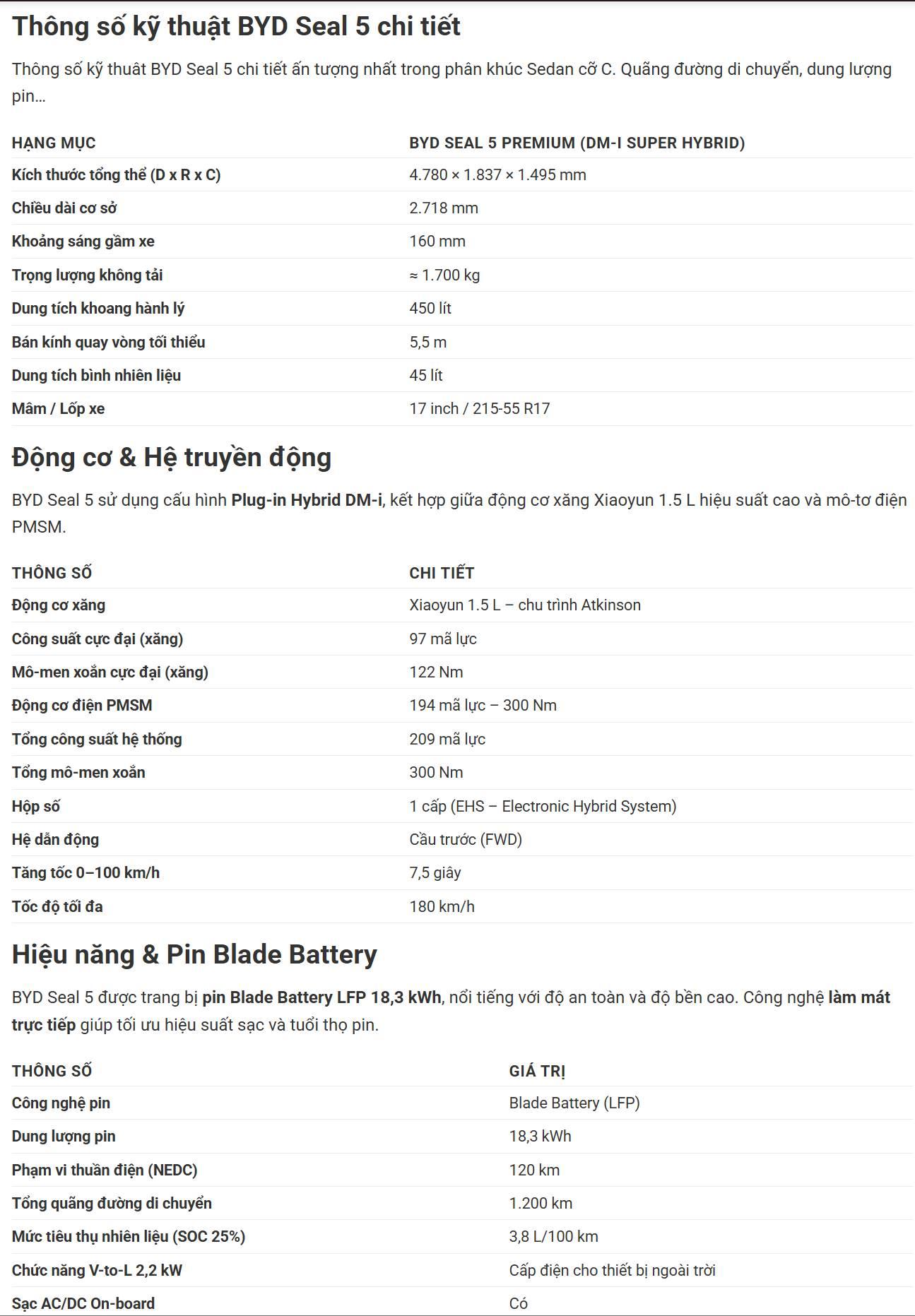 Thông số kỹ thuật BYD Seal 5